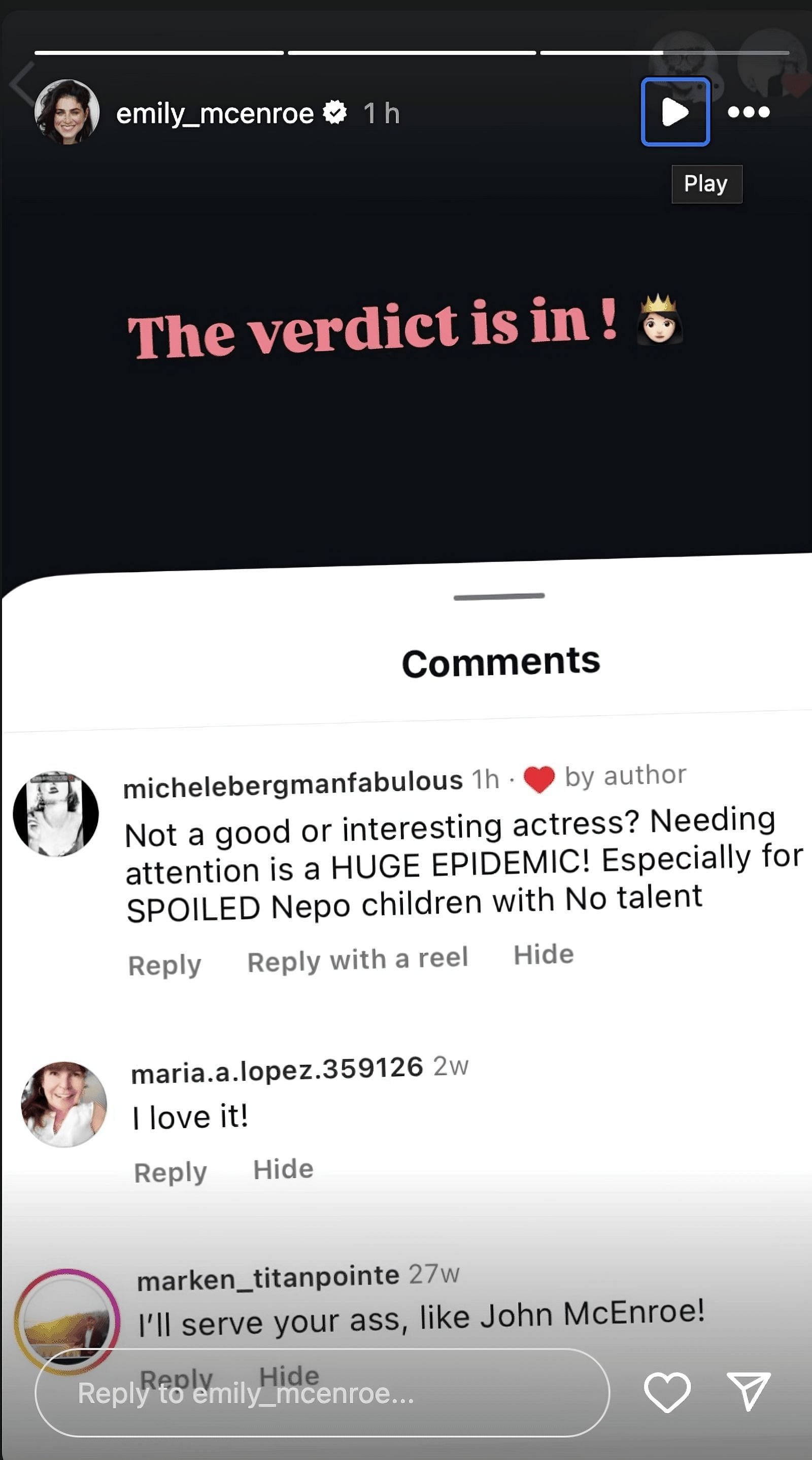 Still taken from Emily's Instagram (source: @emily_mcenroe/Instagram)